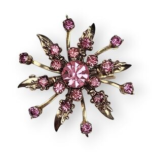 Vintage Pink Rhinestone Flower Brooch Layered Petals Gold Plated Sunburst 1.75"